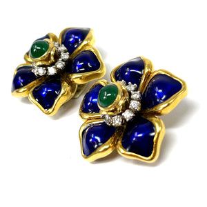 18K Diamond, Emerald, Blue Enamel Earrings