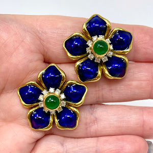 18K Diamond, Emerald, Blue Enamel Earrings