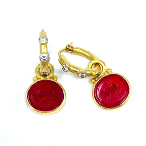 19K Elizabeth Locke Crimson Venetian Glass Intaglio “Stalking Lion” Earring Charms