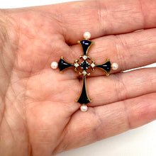 Load image into Gallery viewer, 14K Pearl, Diamond, Sapphire And Enamel Cross